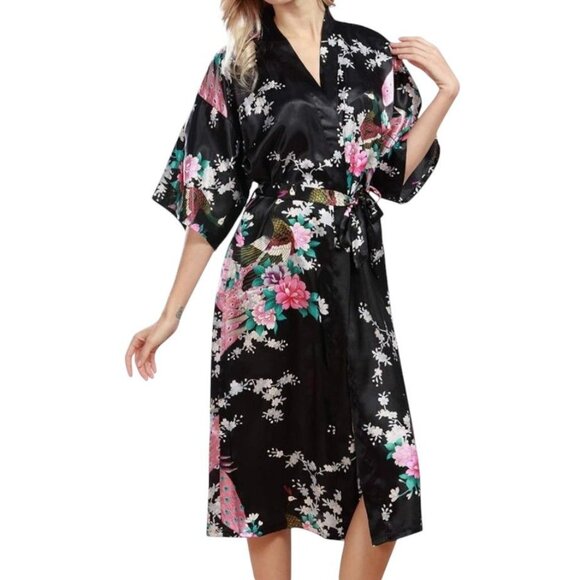 Womens Black Satin Kimono Robe Peacock and Blossoms Nightgown Sleepwear O/S - Picture 2 of 9